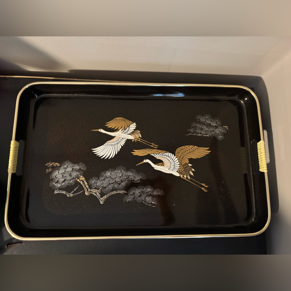 Vintage Japanese black lacquer tray with gold and white crane motif